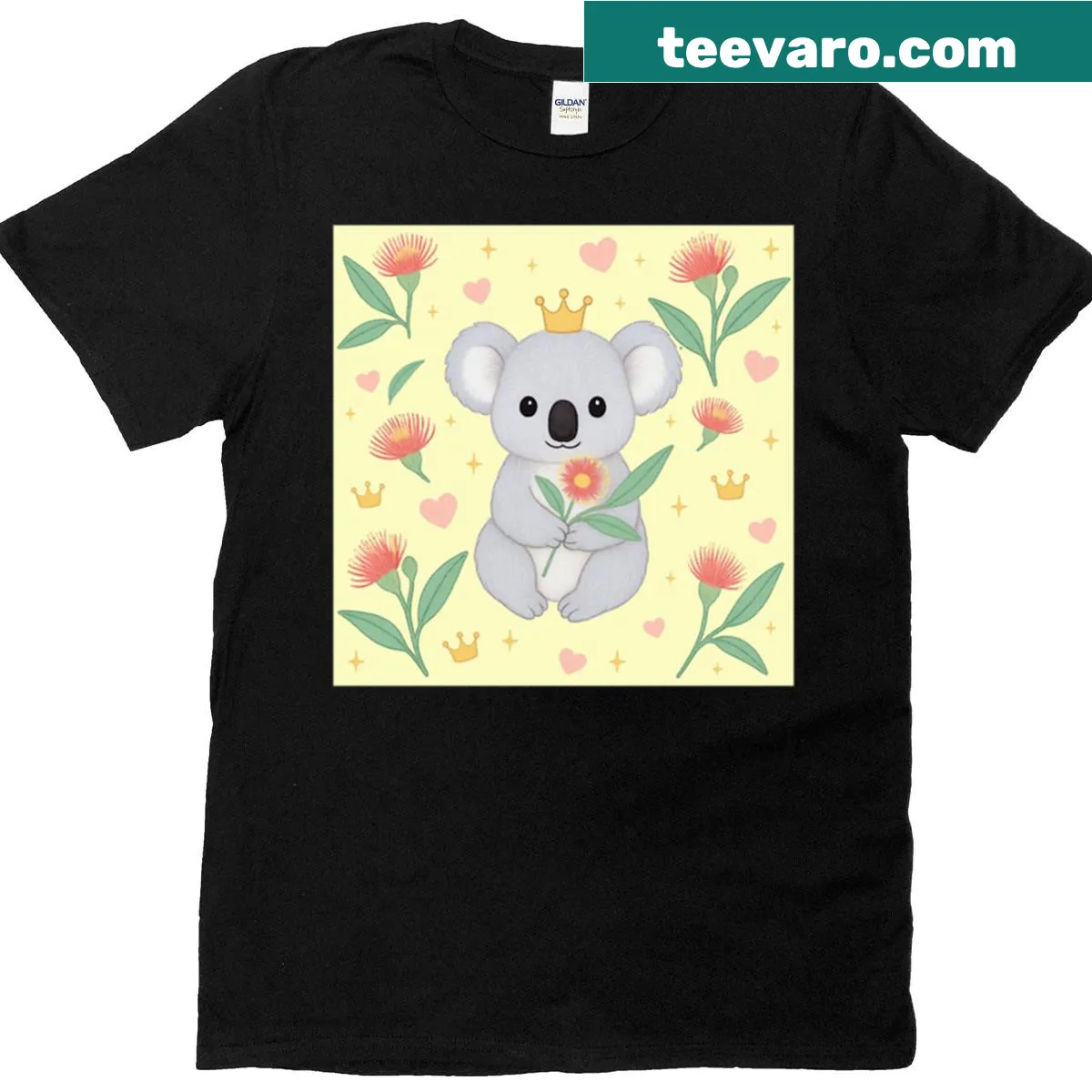 Cute T-shirt with a koala and eucalyptus flowers on yellow background — on a men's t-shirt