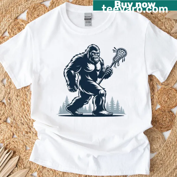 Illustration of Bigfoot playing lacrosse on a sports t-shirt