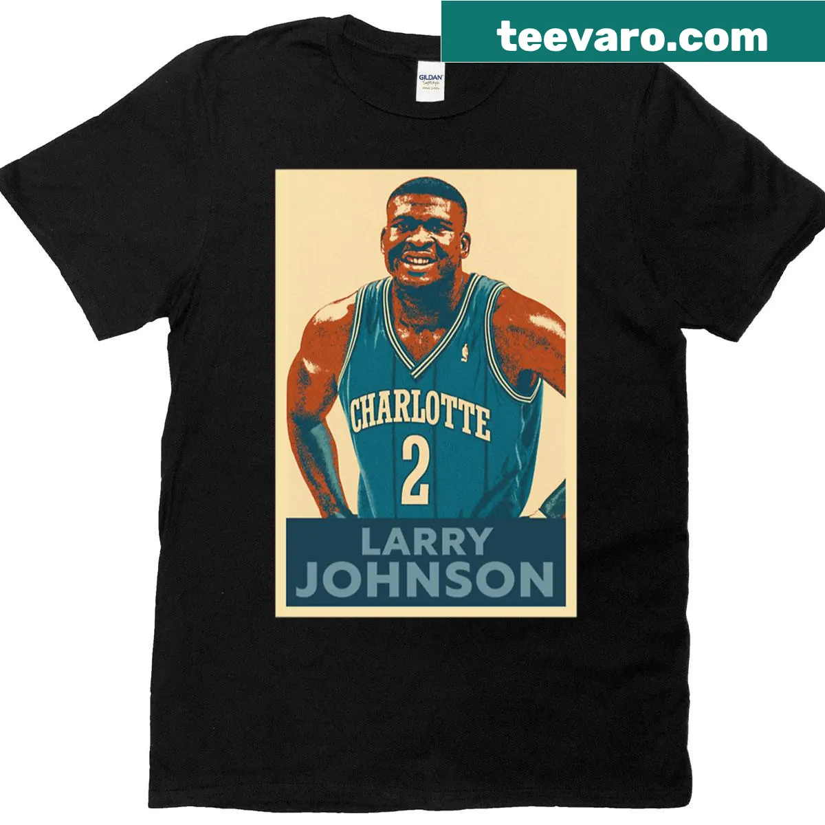 T-shirt featuring a graphic tribute to basketball player Larry Johnson — on a men's t-shirt