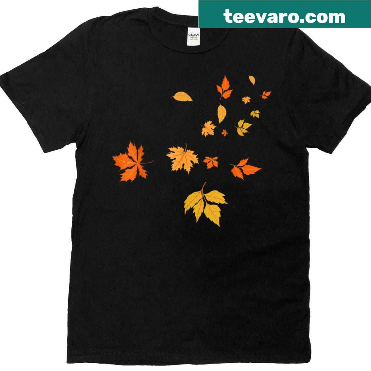Funny T-shirt featuring a couple with a leaf blower for fall. — on a men's t-shirt