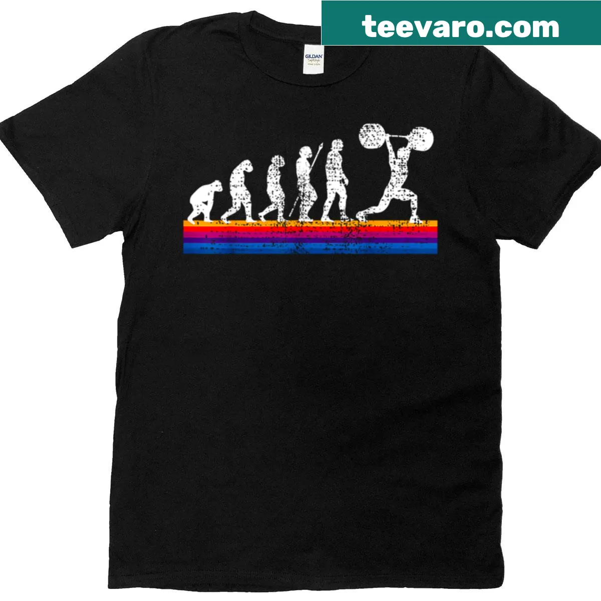 Edgy lifting evolution graphic in bold typography — on a men's t-shirt
