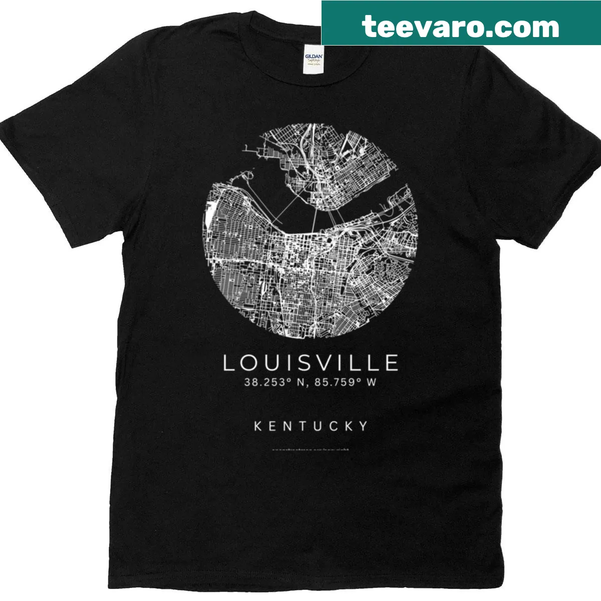Minimalist map design t-shirt showcasing the city of Louisville, Kentucky — on a men's t-shirt