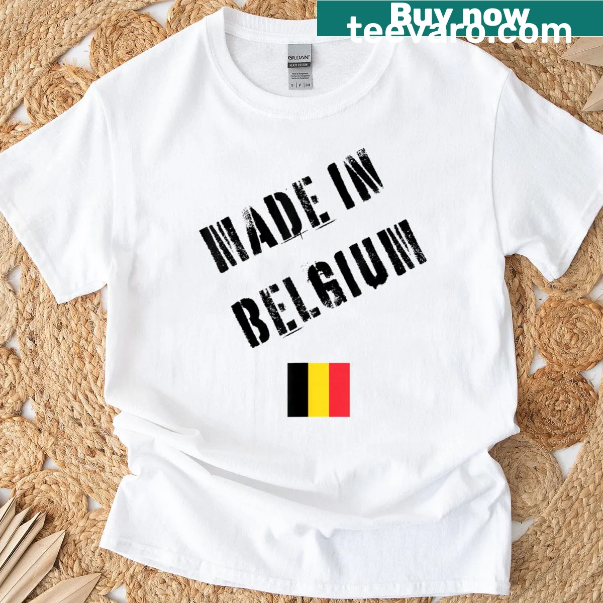 Funny t-shirt with Belgium flag and 'Made In Belgium' text — on a men's t-shirt