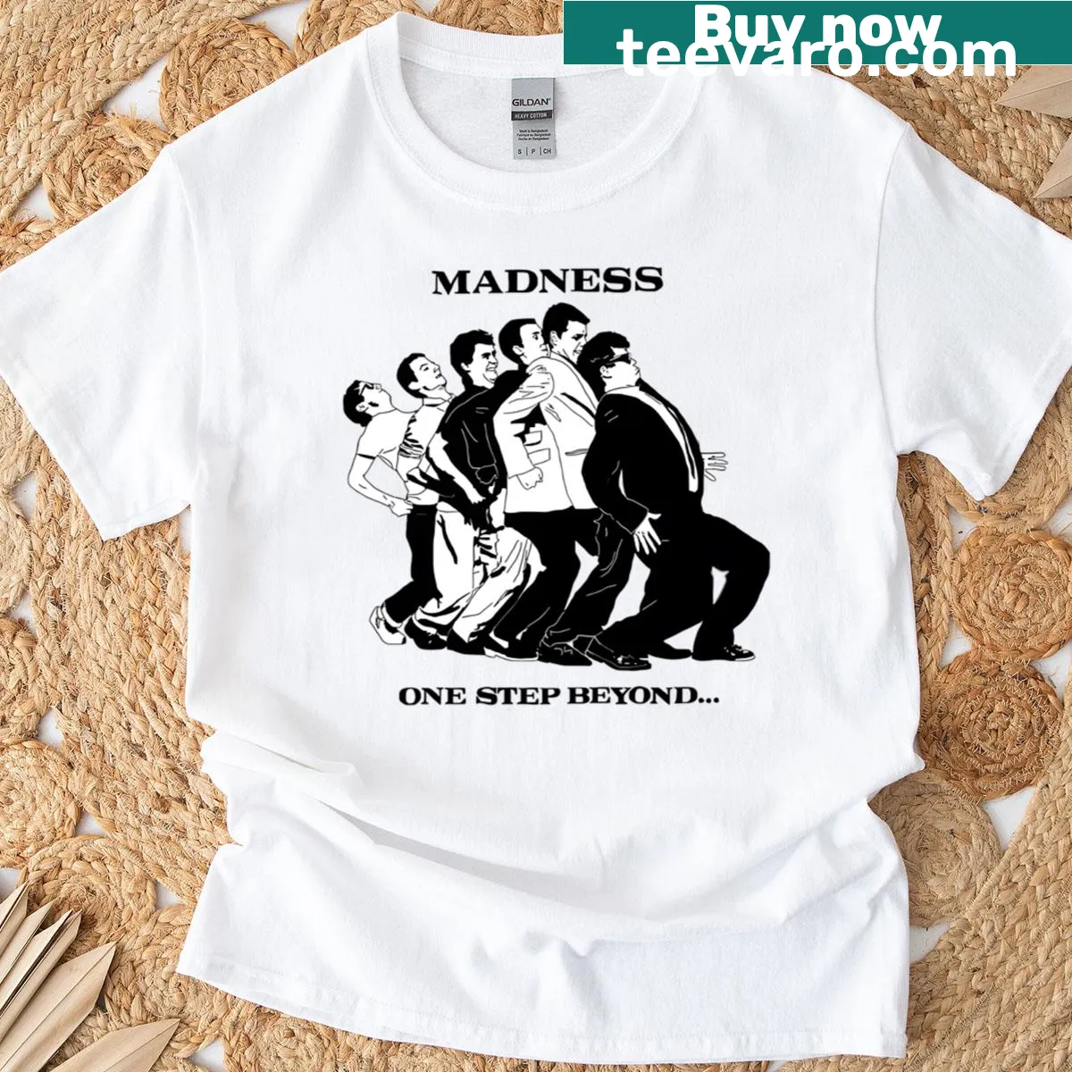 Vintage-style Madness punk rock band t-shirt with distressed graphic — on a men's t-shirt