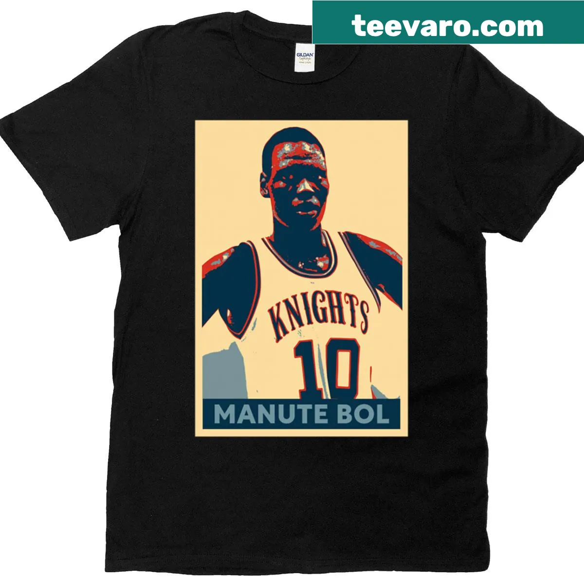 Illustrative Manute Bol t-shirt featuring a tribute to the basketball legend — on a men's t-shirt
