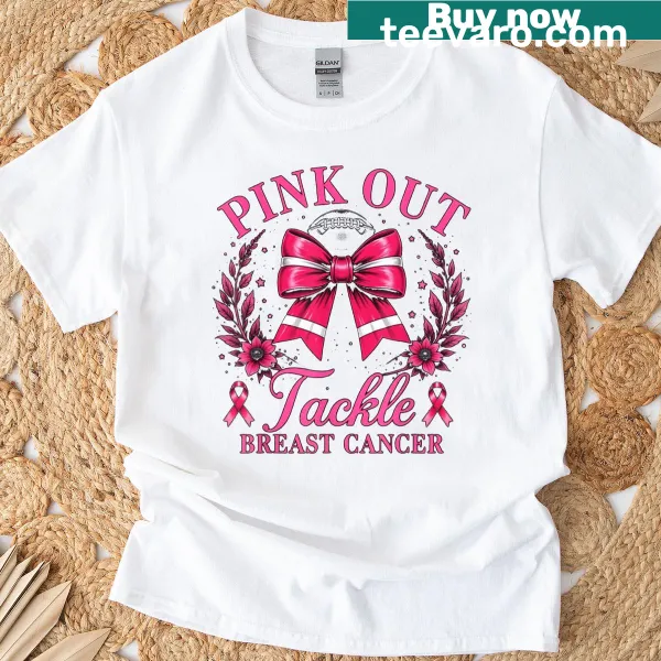 Supportive t-shirt for breast cancer awareness with football theme.