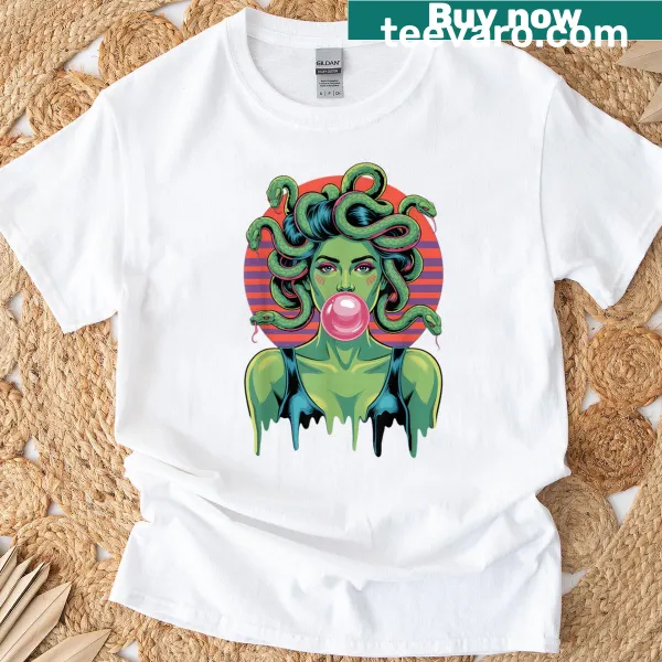 Edgy T-shirt featuring Medusa with snake hair and bubblegum