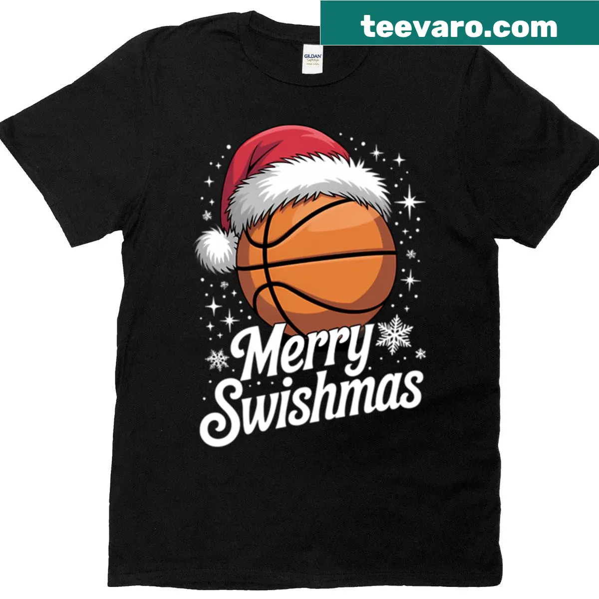 Merry Swishmas Christmas t-shirt with basketball theme — on a men's t-shirt