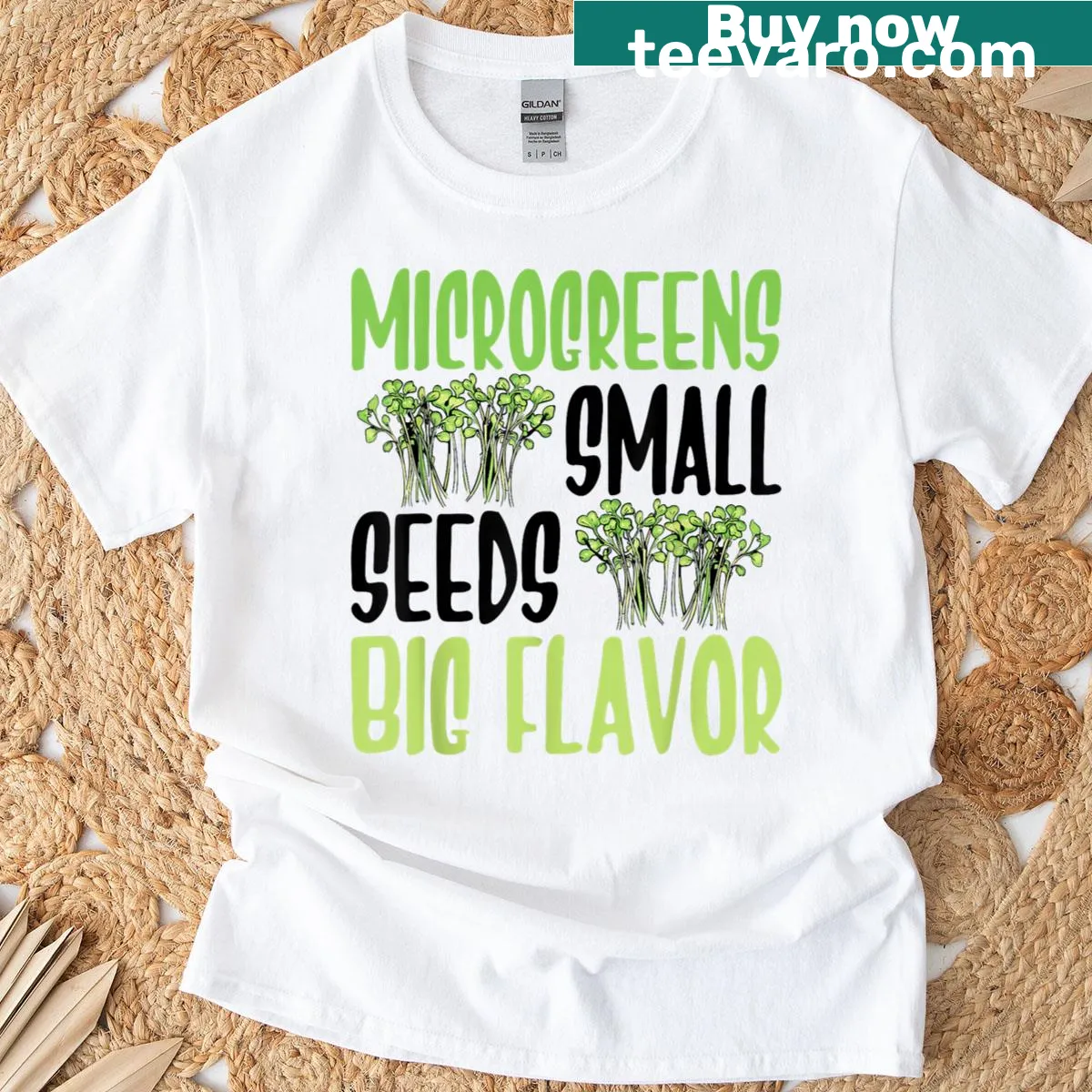 Gardening-themed t-shirt with microgreens and gardening tools illustration. — on a men's t-shirt