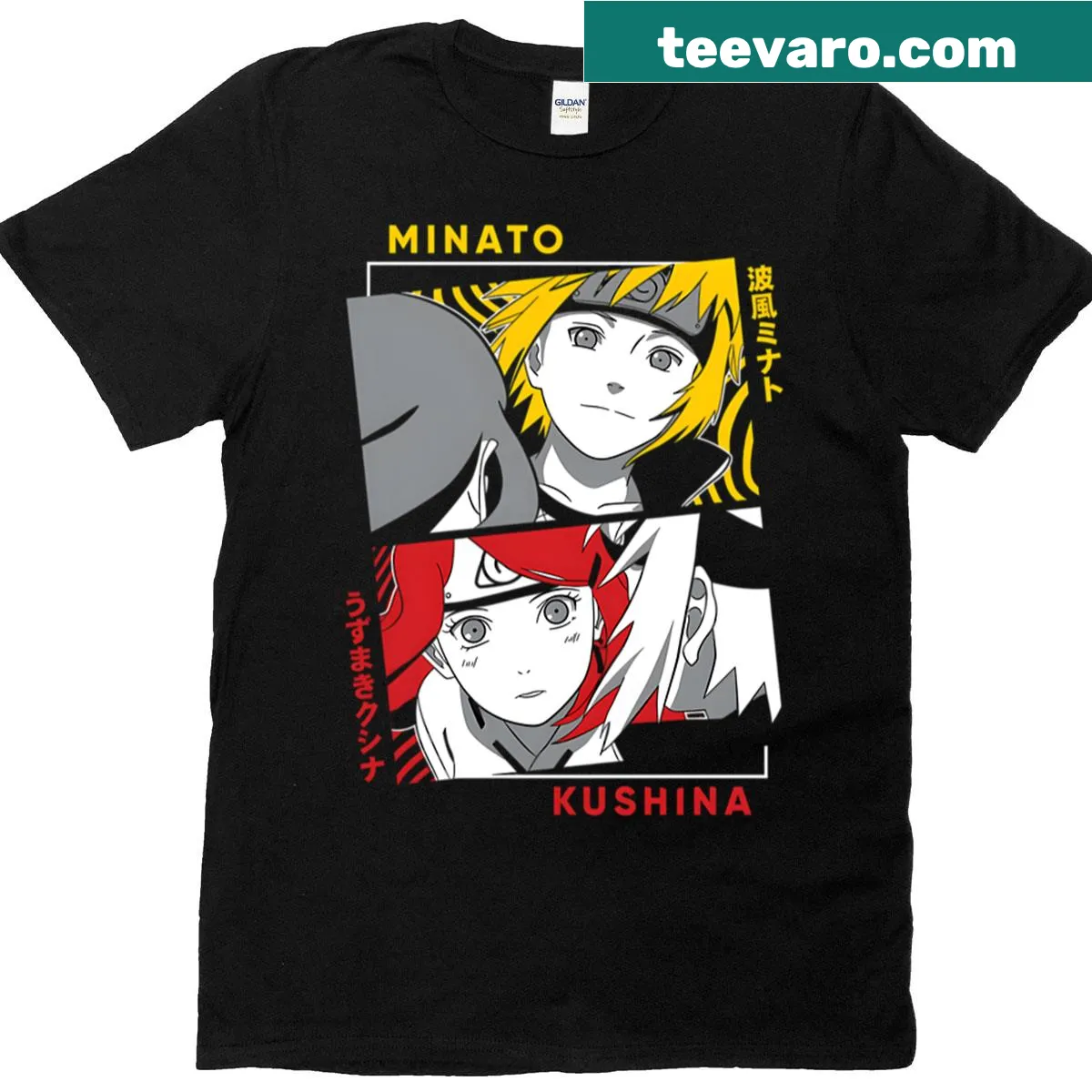 Anime T-shirt featuring Minato and Kushina in a dynamic design — on a men's t-shirt
