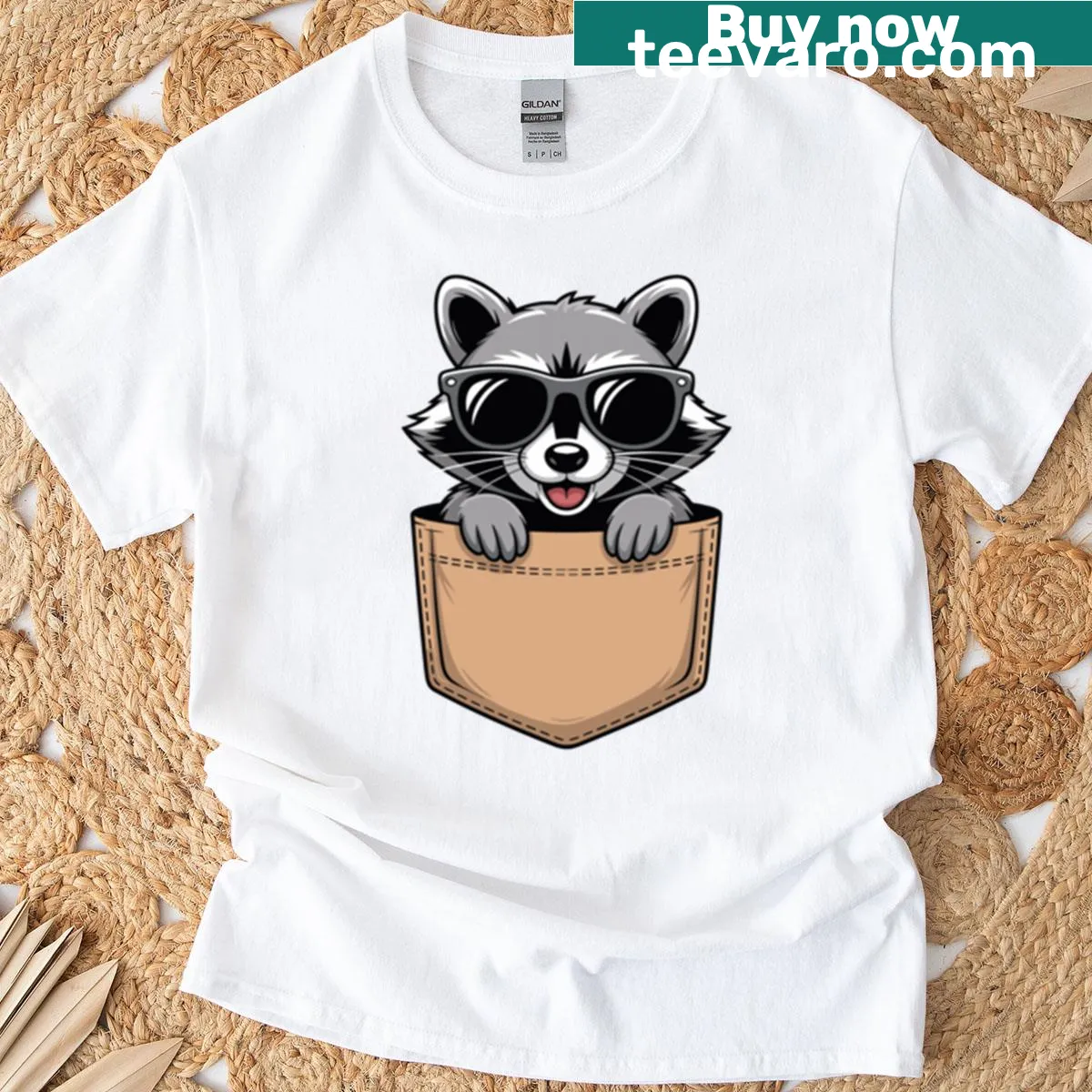 Cute cartoon raccoon wearing sunglasses on a T-shirt — on a men's t-shirt