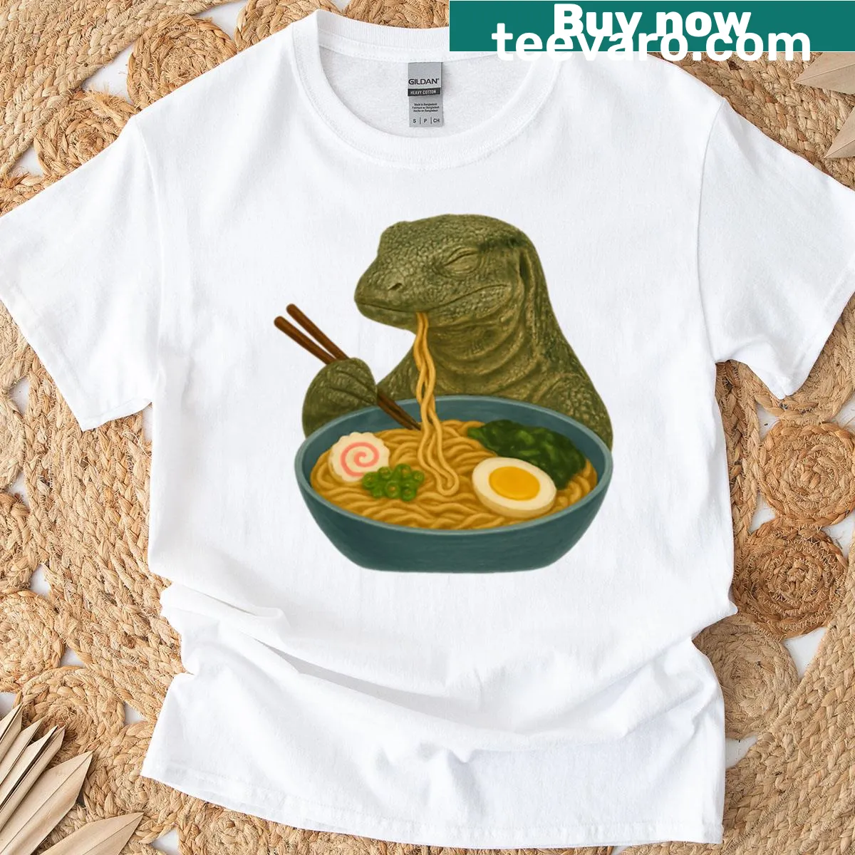 Cartoon monitor lizard eating ramen noodle soup — on a men's t-shirt