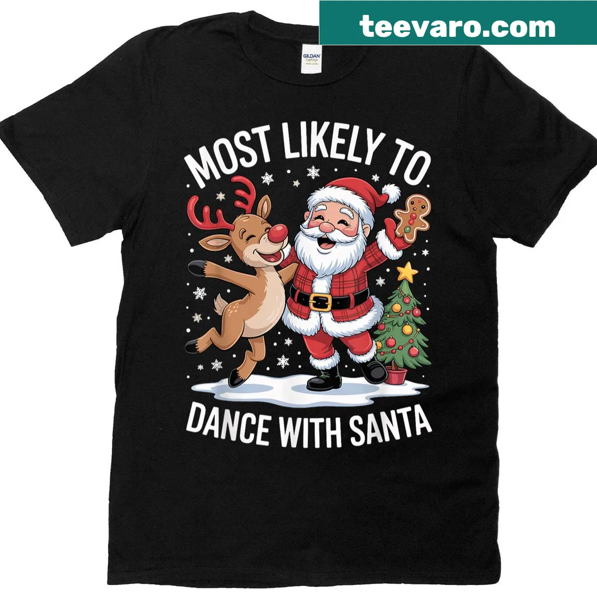 Funny Christmas shirt featuring Santa and the text about dancing — on a men's t-shirt