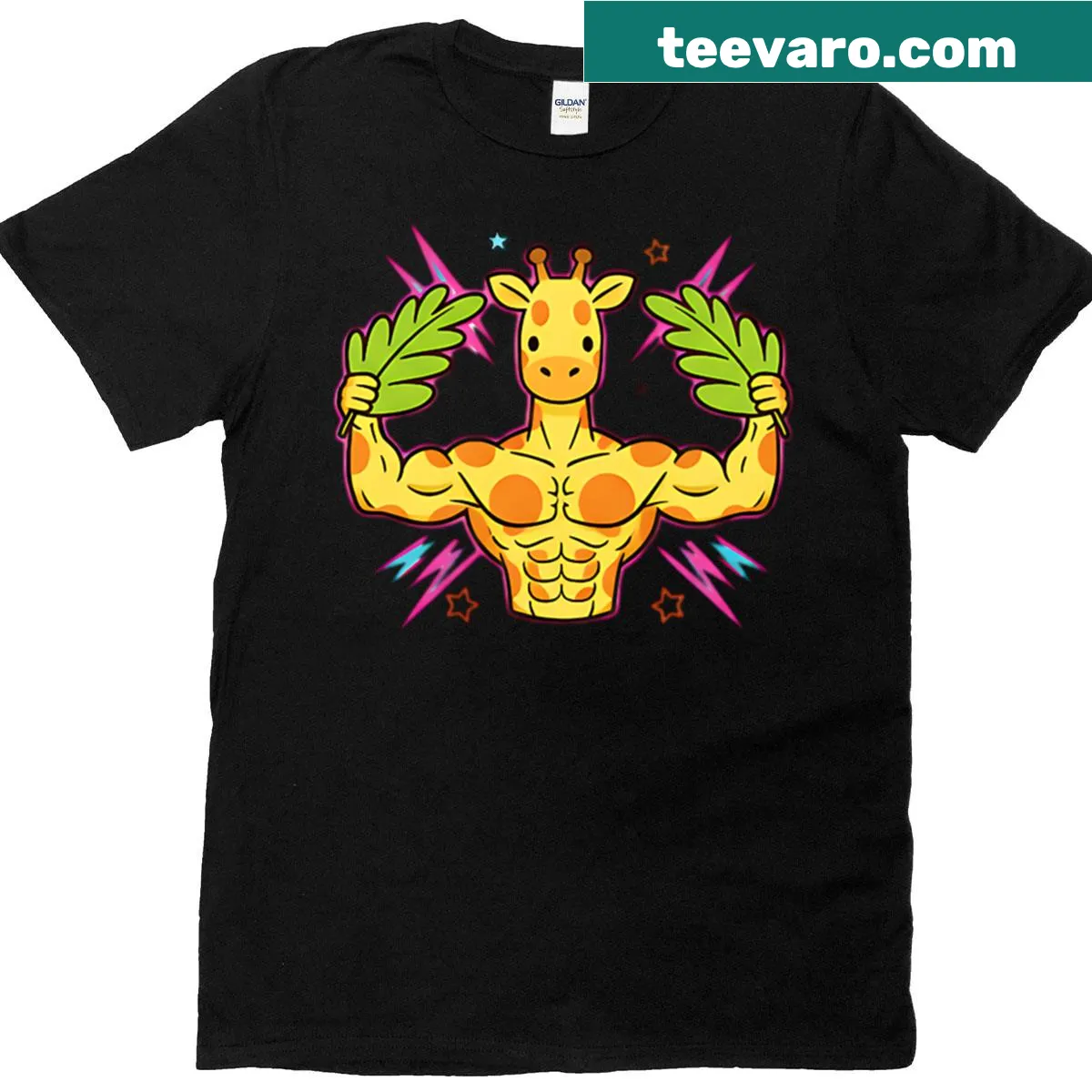 Funny Halloween t-shirt with a muscular giraffe lifting weights — on a men's t-shirt