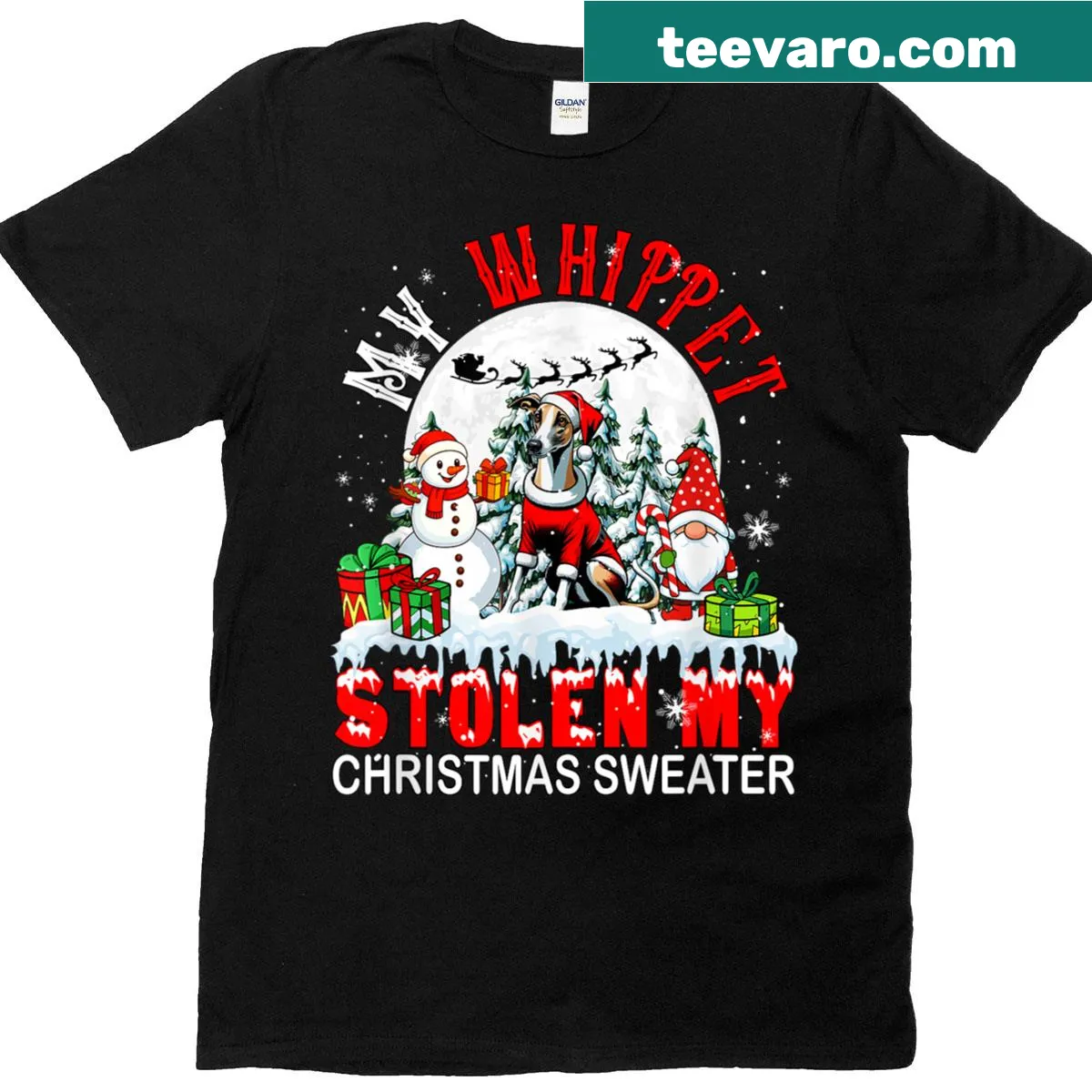 Funny Christmas t-shirt featuring a Whippet dog illustration — on a men's t-shirt