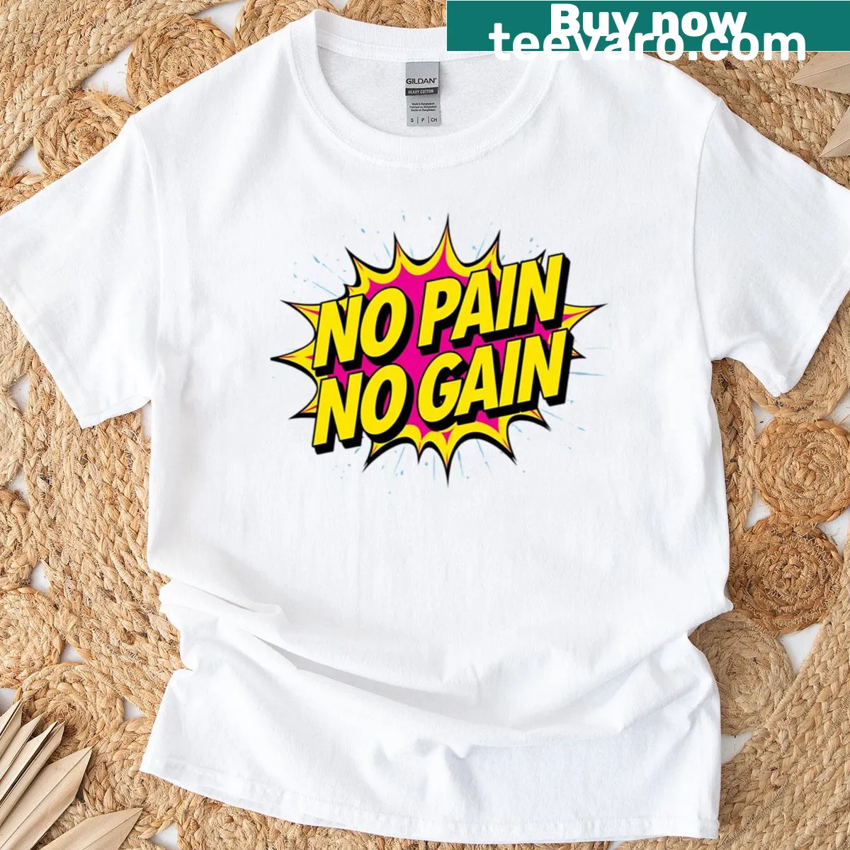 Motivational fitness t-shirt with 'No Pain No Gain' text — on a men's t-shirt