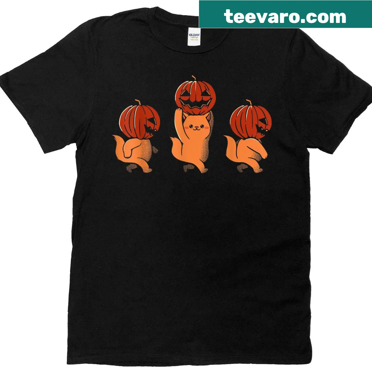 Vintage Halloween T-shirt featuring three cute kittens around a pumpkin — on a men's t-shirt