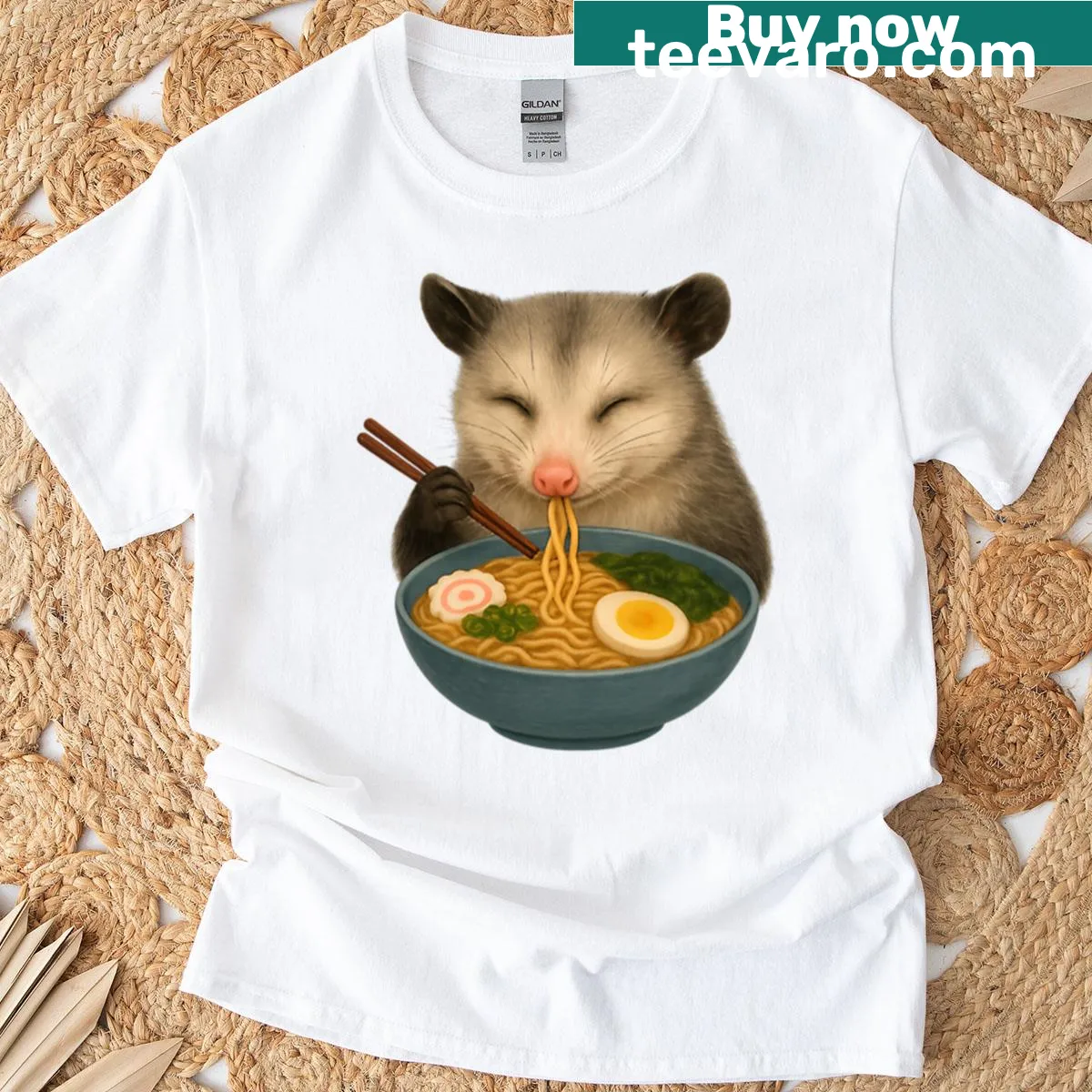 Opossum illustration on T-shirt, featuring it eating ramen noodle soup — on a men's t-shirt