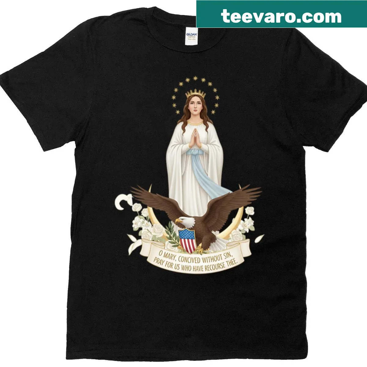 T-shirt featuring an illustration of Our Lady Of The Immaculate Conception. — on a men's t-shirt