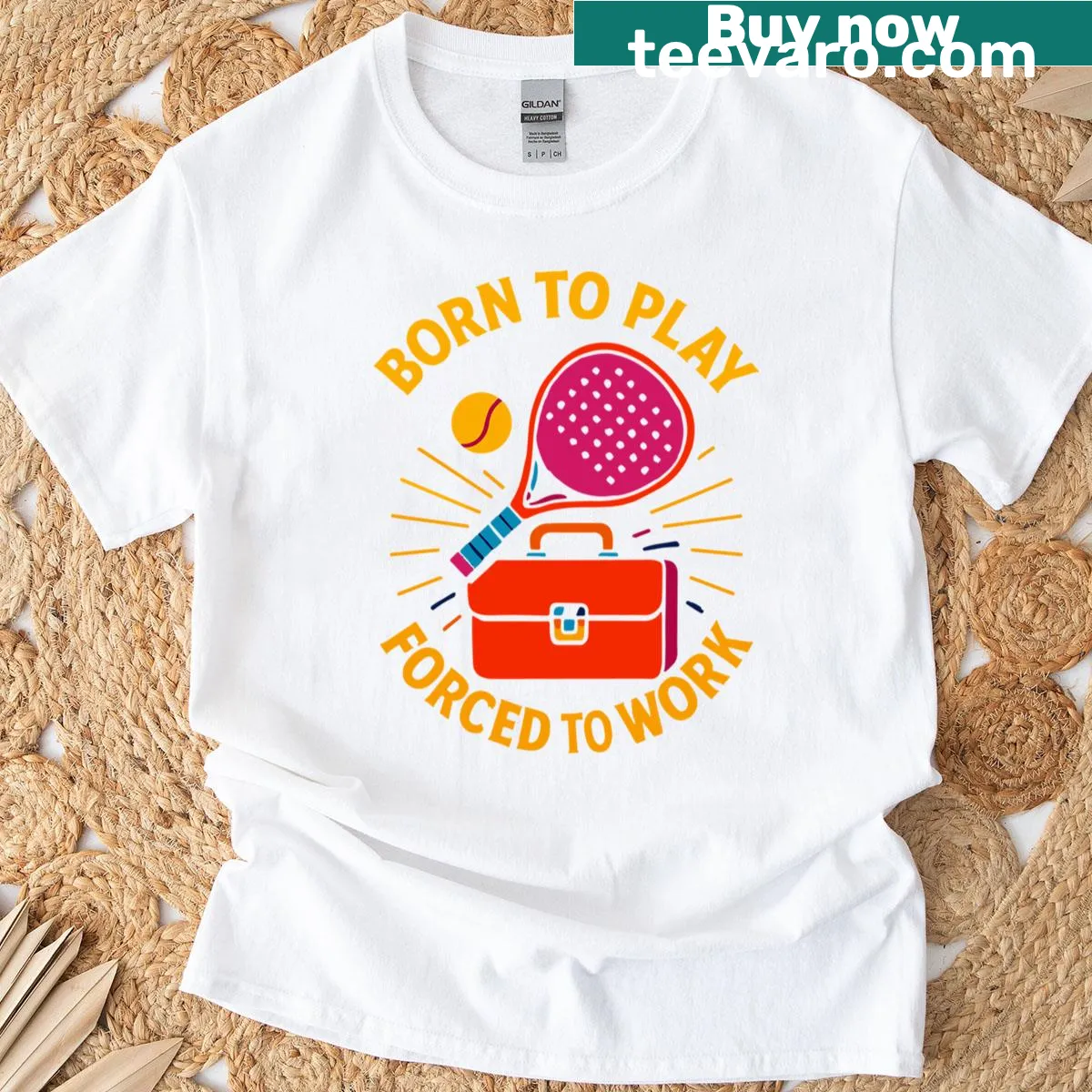 Fun T-shirt with a playful padel slogan about playing and work — on a men's t-shirt