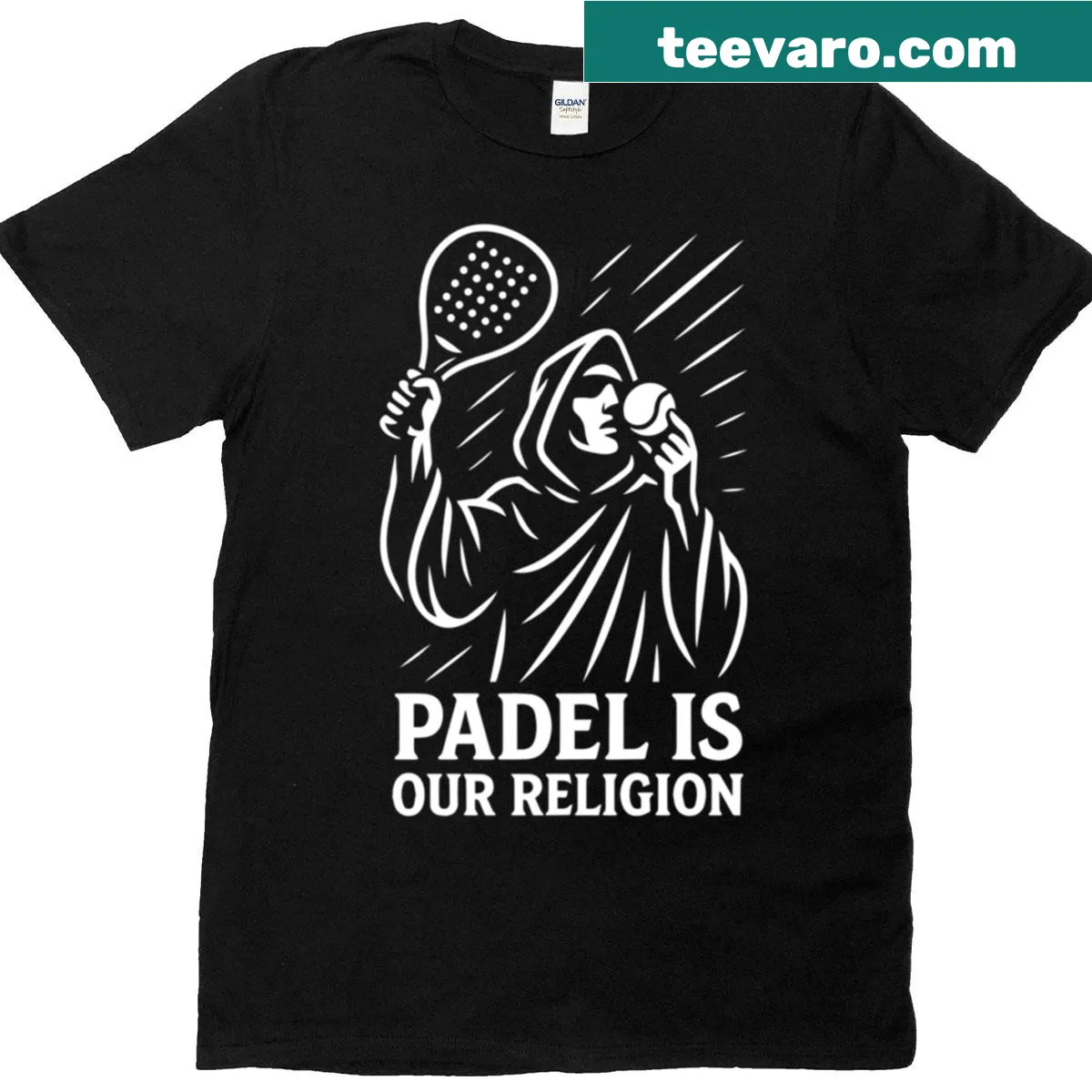 Funny Padel Is Our Religion t-shirt with bold text — on a men's t-shirt