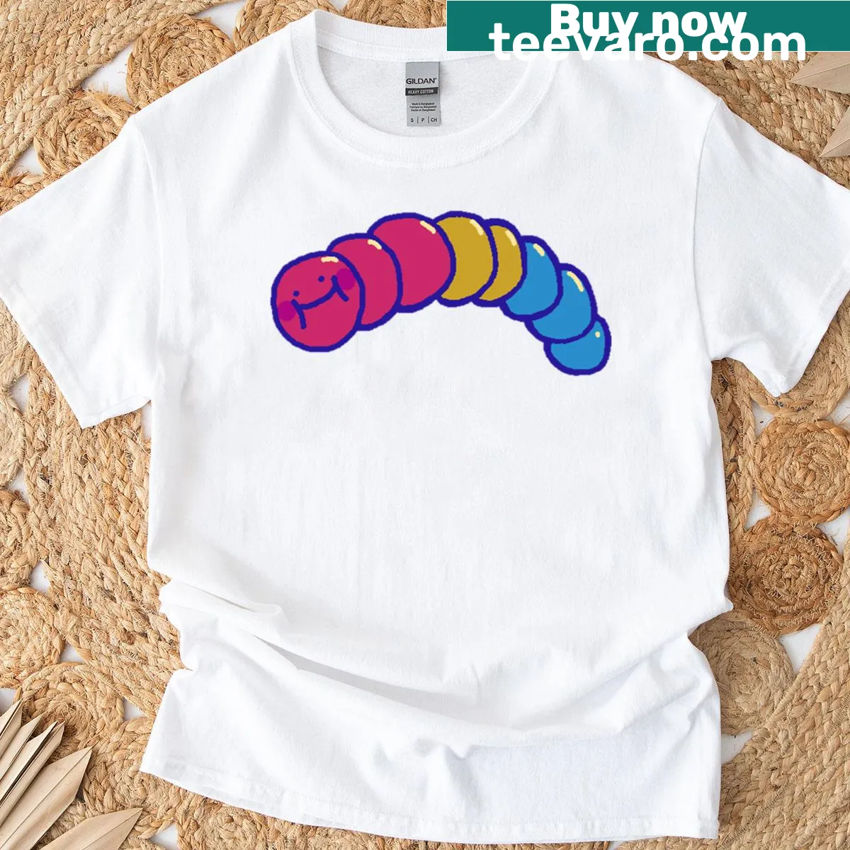 Cheerful caterpillar graphic on a pansexual pride T-shirt — on a men's t-shirt