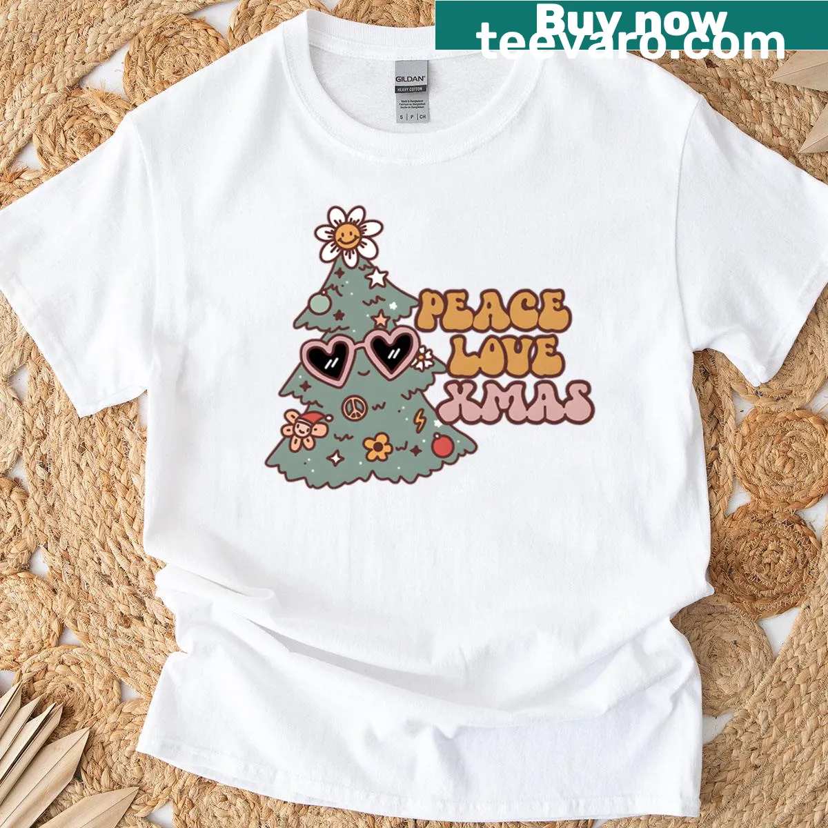 Christmas themed Peace Love design on T-shirt — on a men's t-shirt