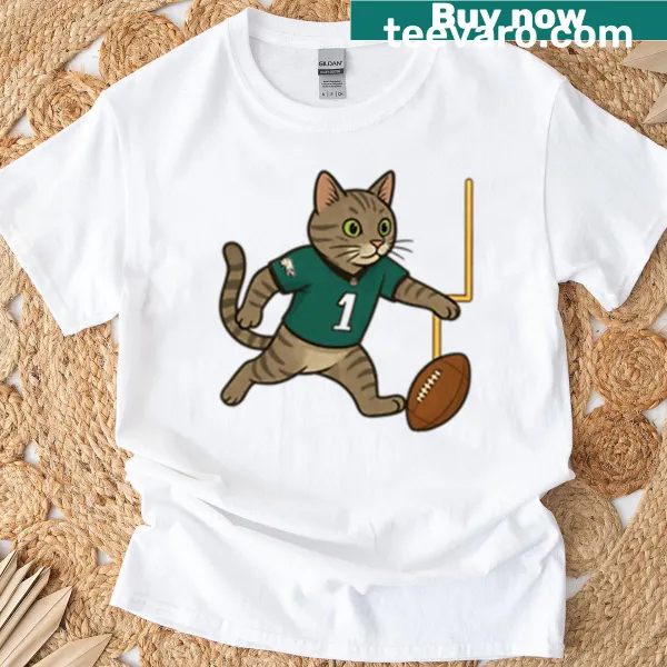 Whimsical football cat illustration on T-shirt