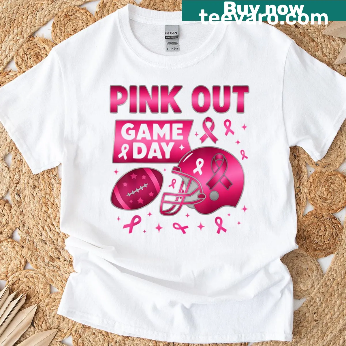 Football t-shirt with breast cancer awareness graphic and supportive message — on a men's t-shirt