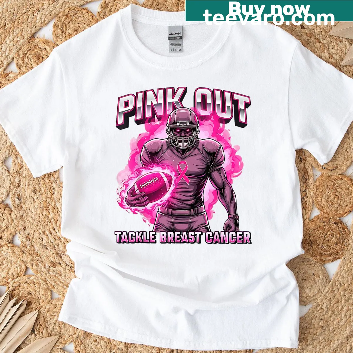 Football T-shirt with pink ribbon graphic for breast cancer awareness — on a men's t-shirt