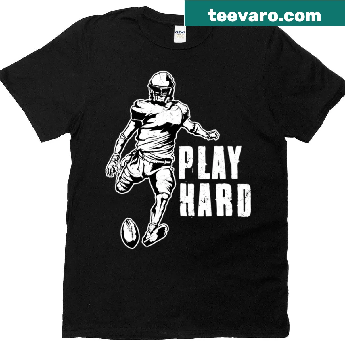 Play Hard Player Fan Football T-shirt with bold lettering — on a men's t-shirt