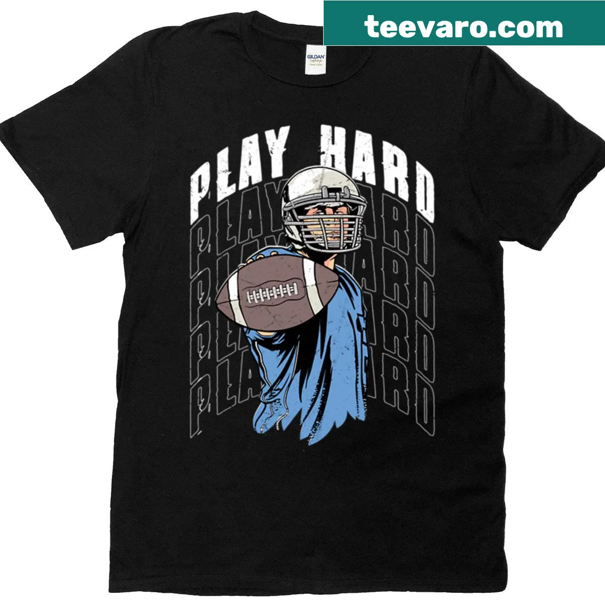 Football fan T-shirt with 'Play Hard Season' text — on a men's t-shirt