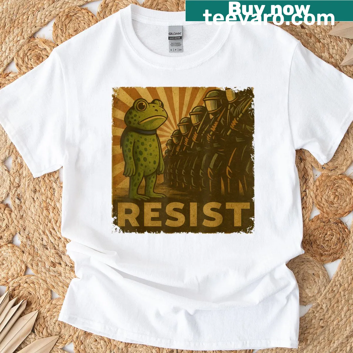 Illustrated T-shirt with frogs and protest imagery promoting activism — on a men's t-shirt