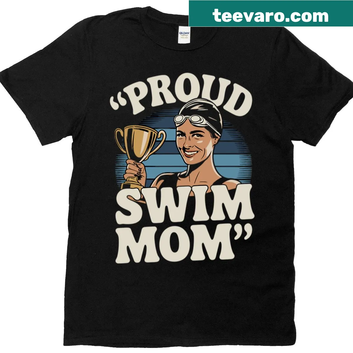 Proud Swim Mom T-shirt with trophy graphic — on a men's t-shirt