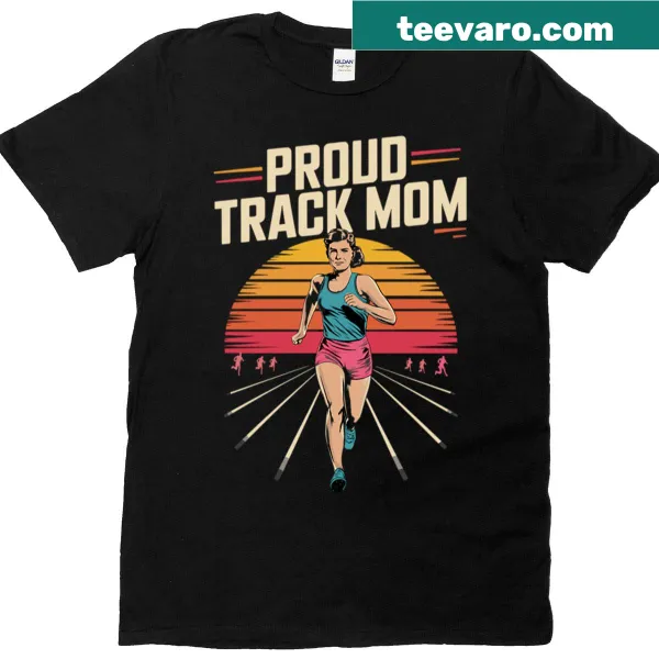 Retro sunset graphic with a runner on a proud track mom t-shirt