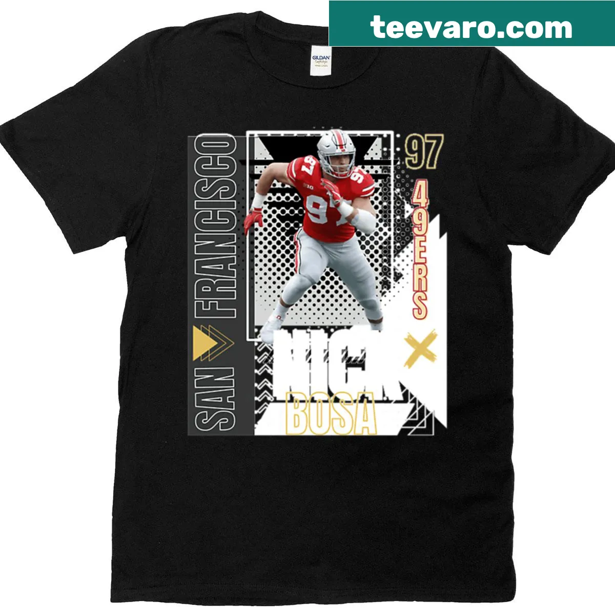 Bold typography for quarterback position on T-shirt — on a men's t-shirt