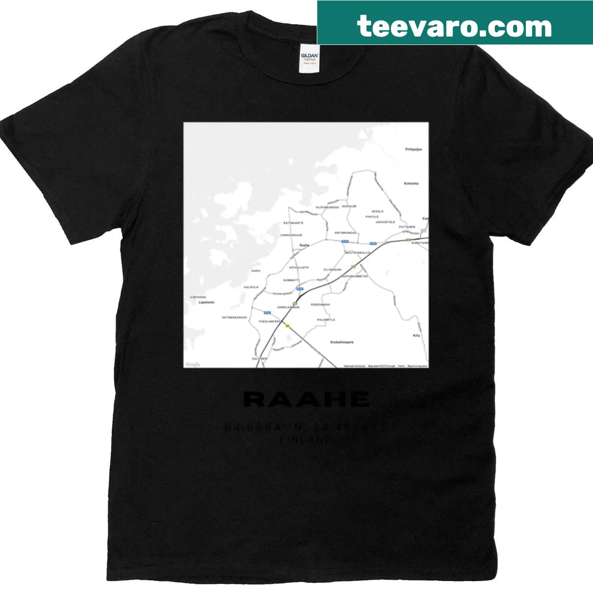 Minimalist city map graphic of Raahe, Finland on a T-shirt — on a men's t-shirt