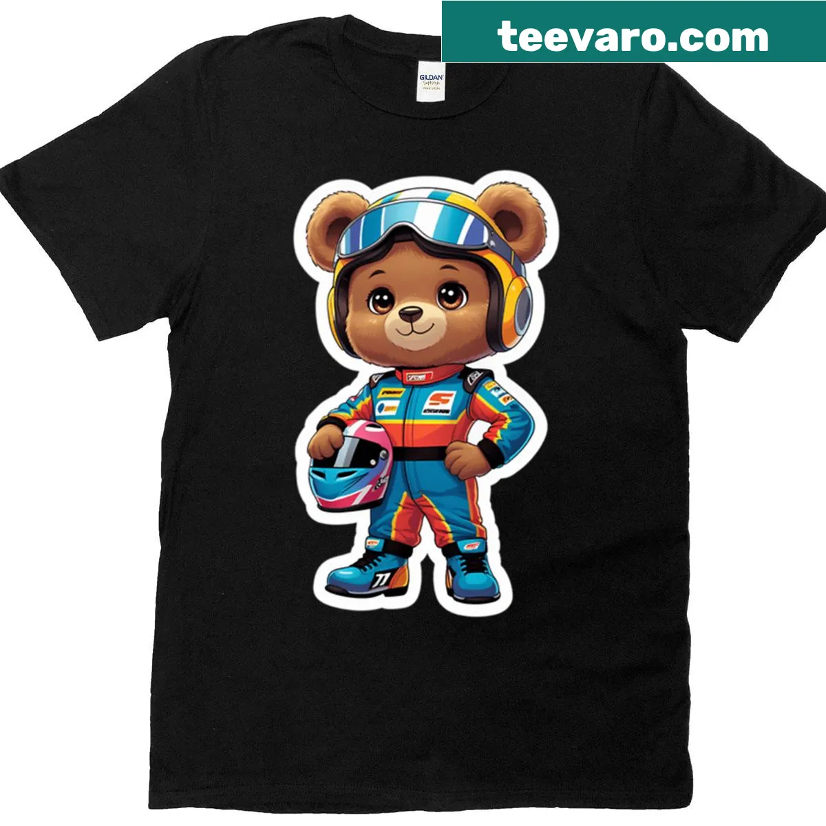 T-shirt with an illustration of a teddy bear dressed as a racing crew member — on a men's t-shirt