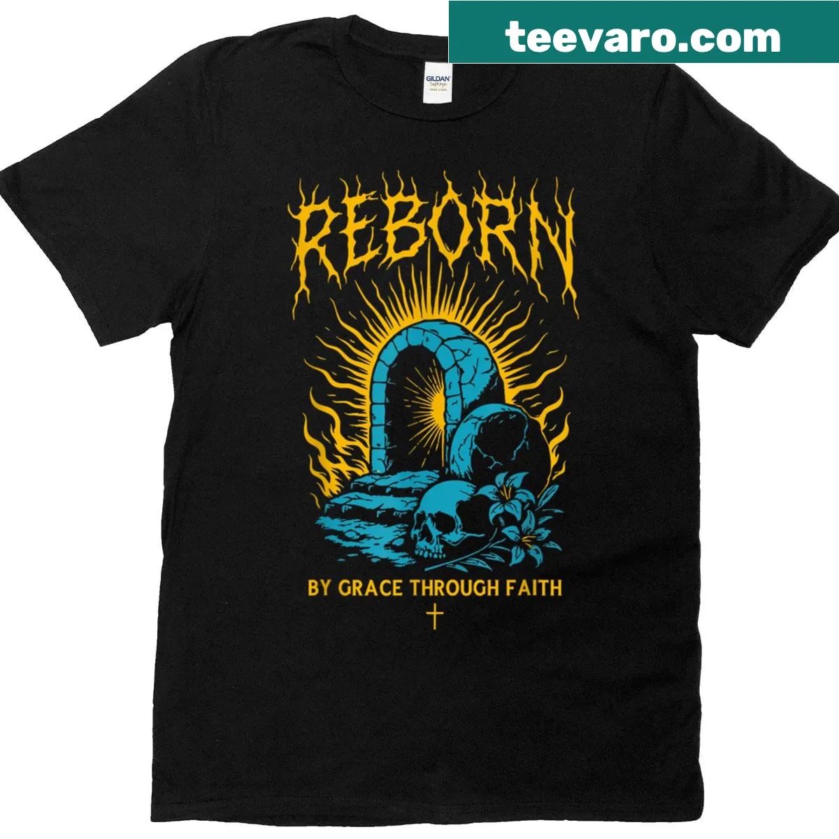 Gothic-style Christian t-shirt with Ephesians 2:8 message — on a men's t-shirt