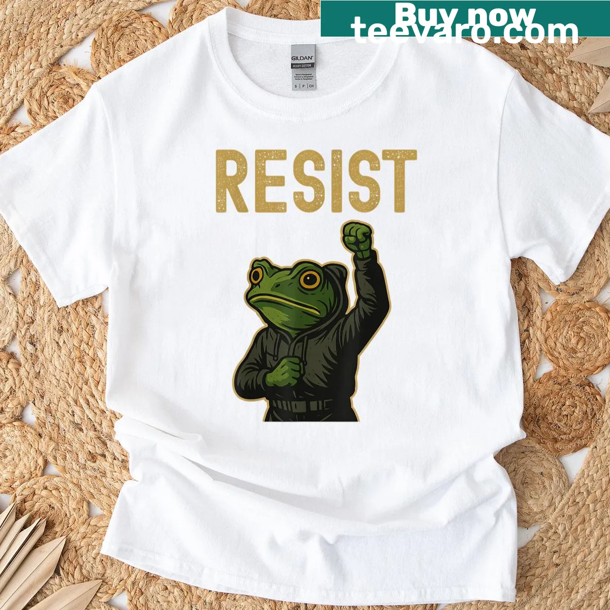 Illustrative T-shirt featuring a playful frog with a resist message — on a men's t-shirt