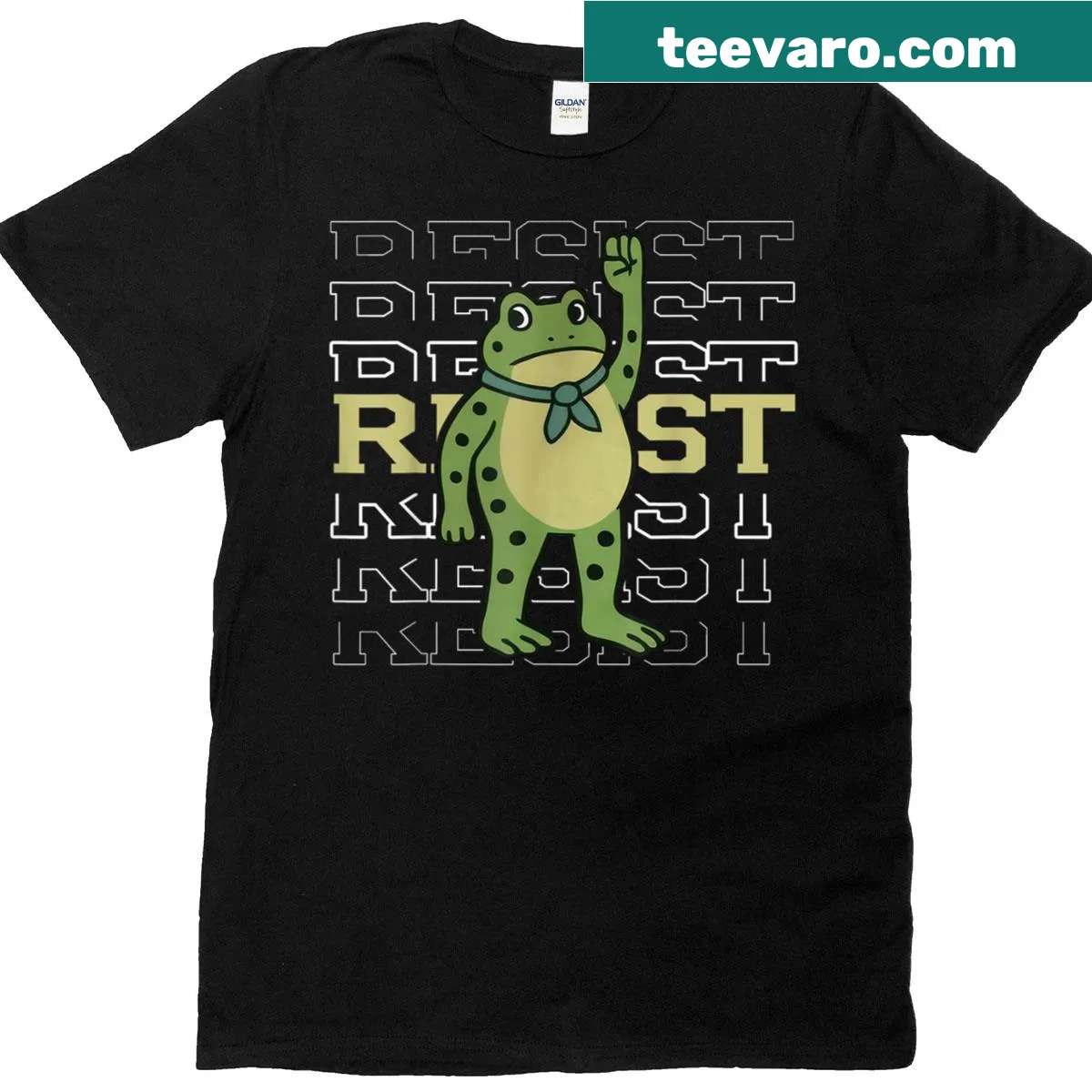 Bold frog protest t-shirt featuring Resist Frog graphic — on a men's t-shirt