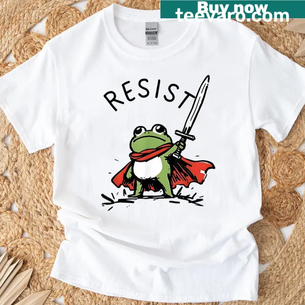 Activism-themed t-shirt featuring a sword-wielding frog in a red cape