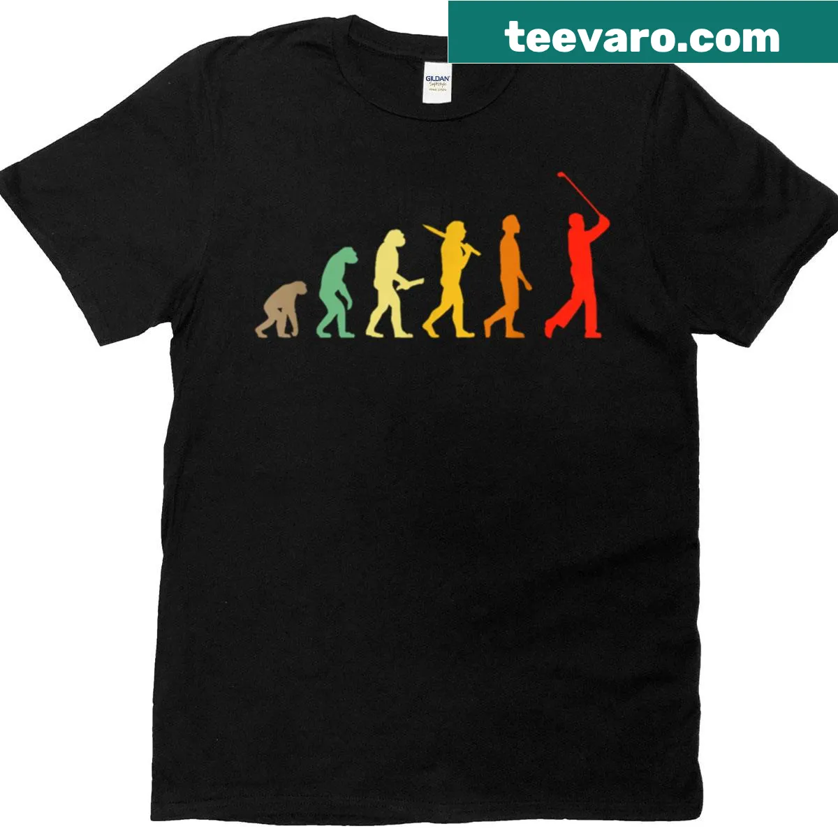 Retro golf evolution graphic t-shirt featuring humorous golfer silhouettes — on a men's t-shirt