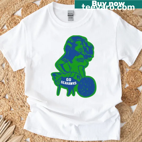 Vintage-inspired T-shirt featuring a Seahawks cheerleader in pin-up style