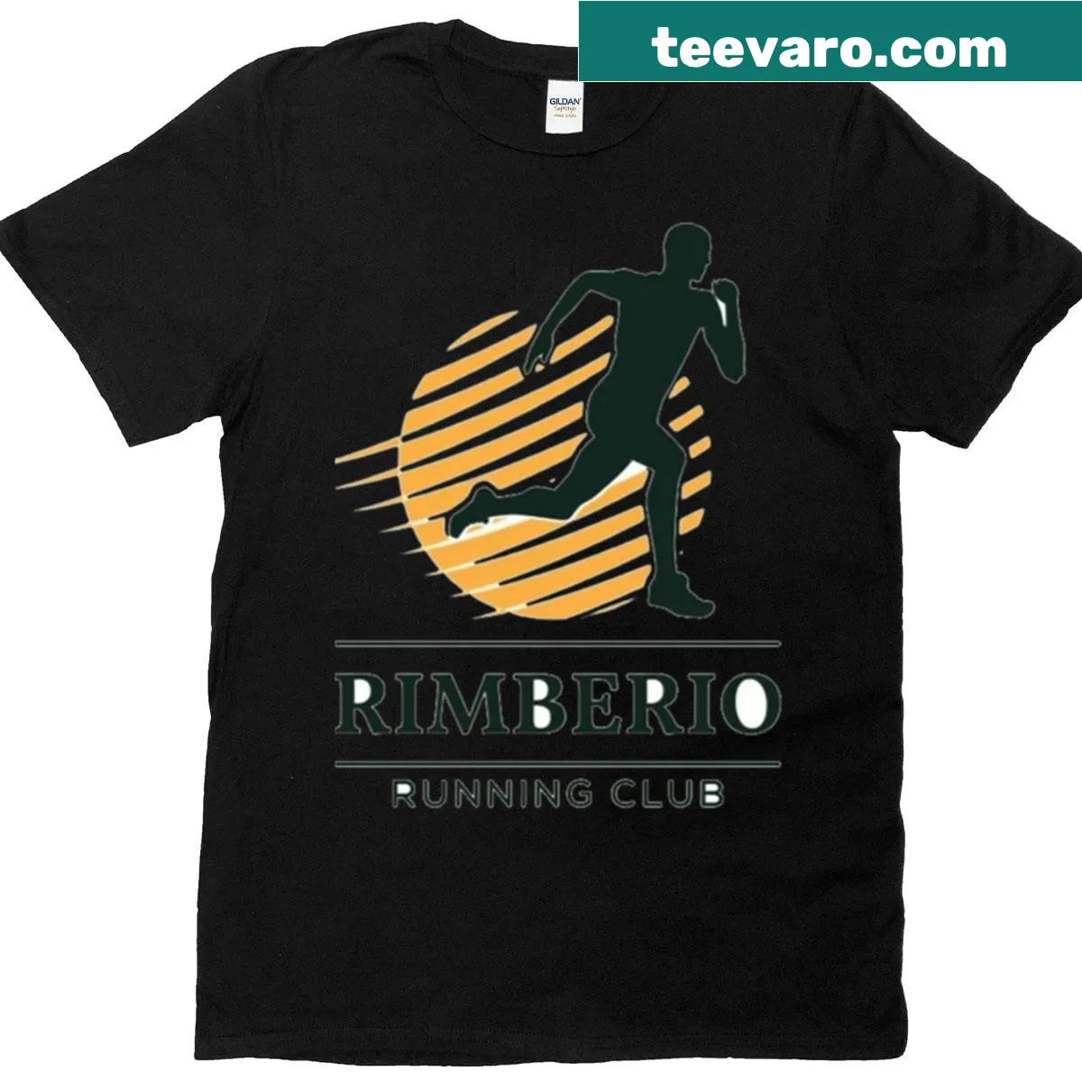 Dynamic runner silhouette with Rimberio Running Club logo graphic — on a men's t-shirt