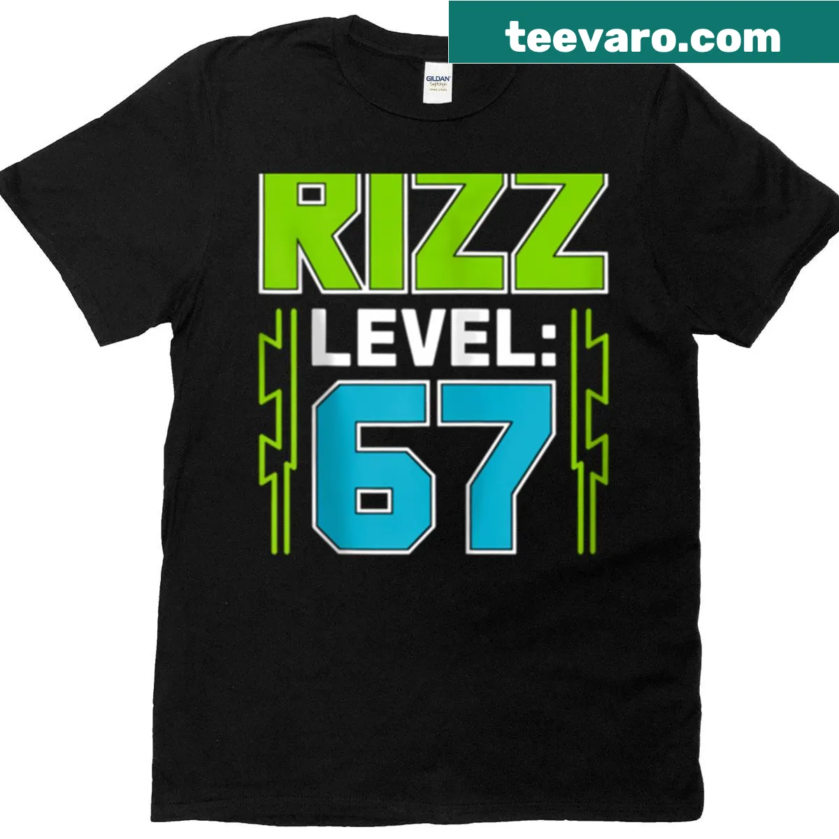 Meme-themed t-shirt with Rizz Level 67 text design — on a men's t-shirt