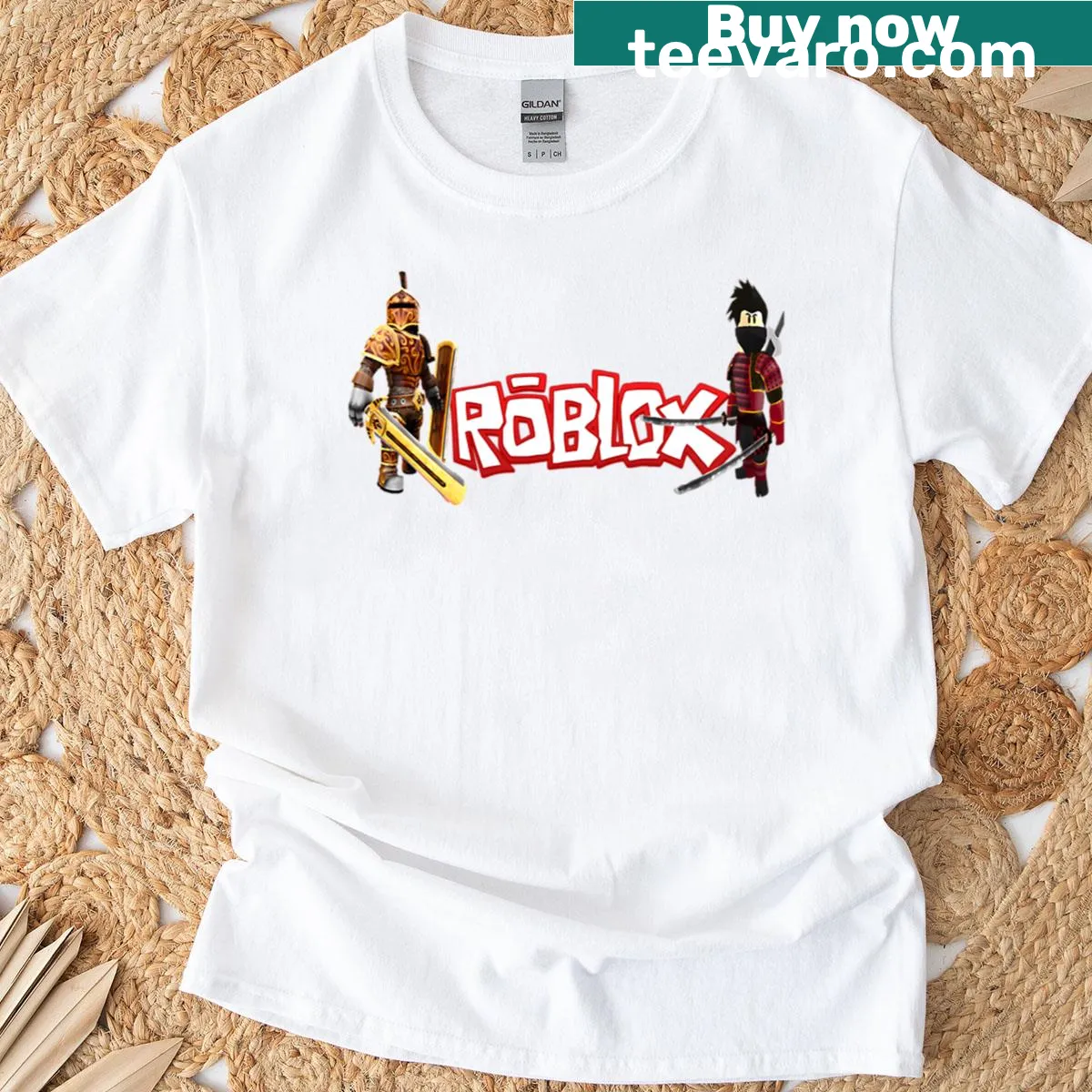 Roblox logo and characters illustrated on T-shirt — on a men's t-shirt