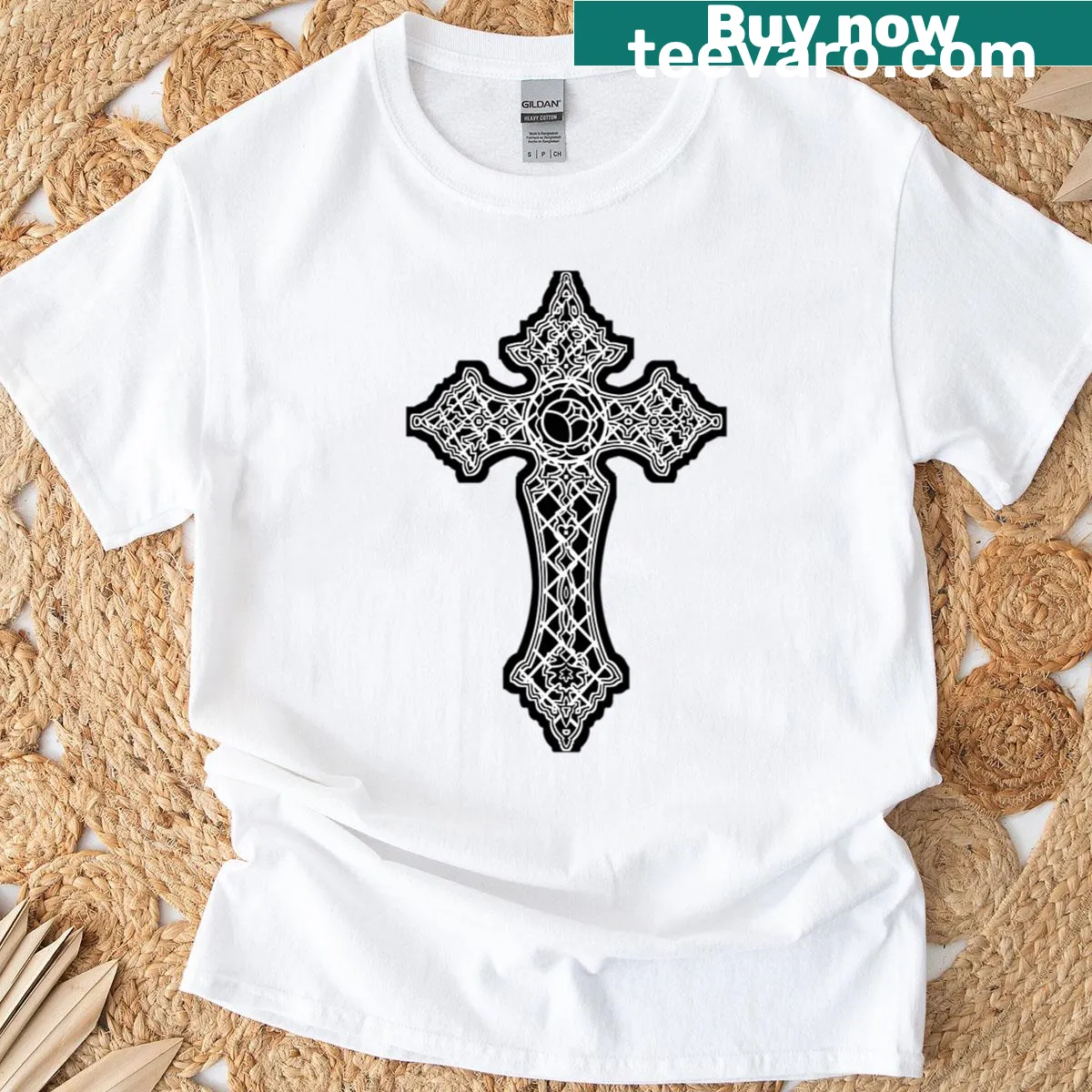 T-shirt featuring delicate crochet cross design — on a men's t-shirt