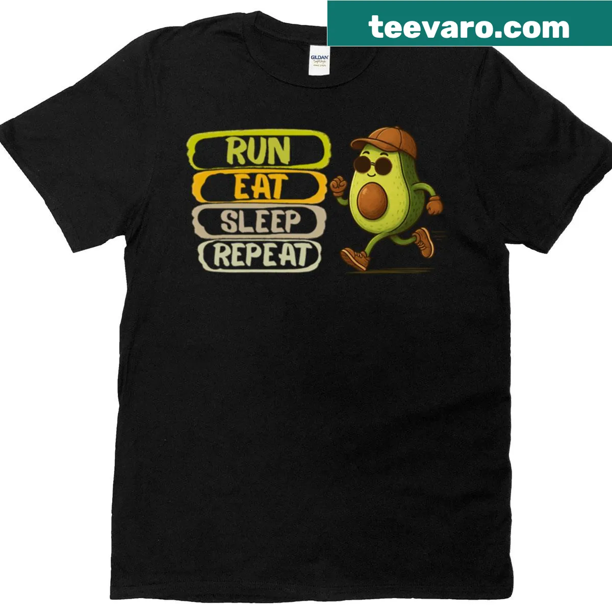 Funny running t-shirt featuring Run Eat Sleep Repeat and avocado — on a men's t-shirt