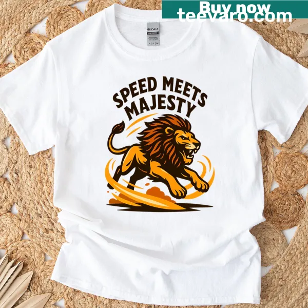 T-shirt featuring a running lion illustration symbolizing strength